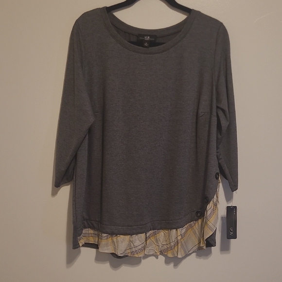 AGB Tops - AGB Charcoal Pullover with Plaid Ruffle Hem